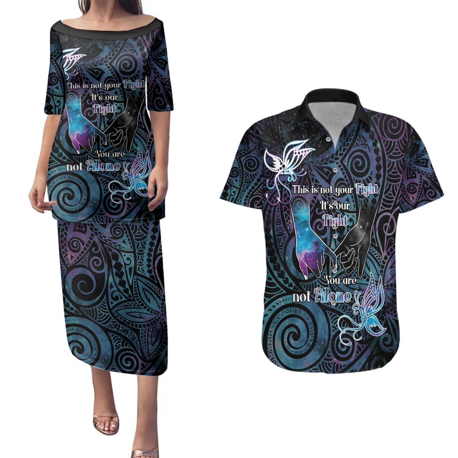 Suicide Awareness Couples Matching Puletasi and Hawaiian Shirt You Are Not Alone LT05 Black - Polynesian Pride