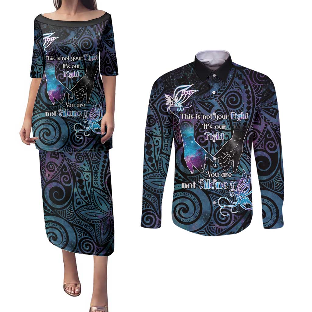 Suicide Awareness Couples Matching Puletasi and Long Sleeve Button Shirt You Are Not Alone LT05 Black - Polynesian Pride
