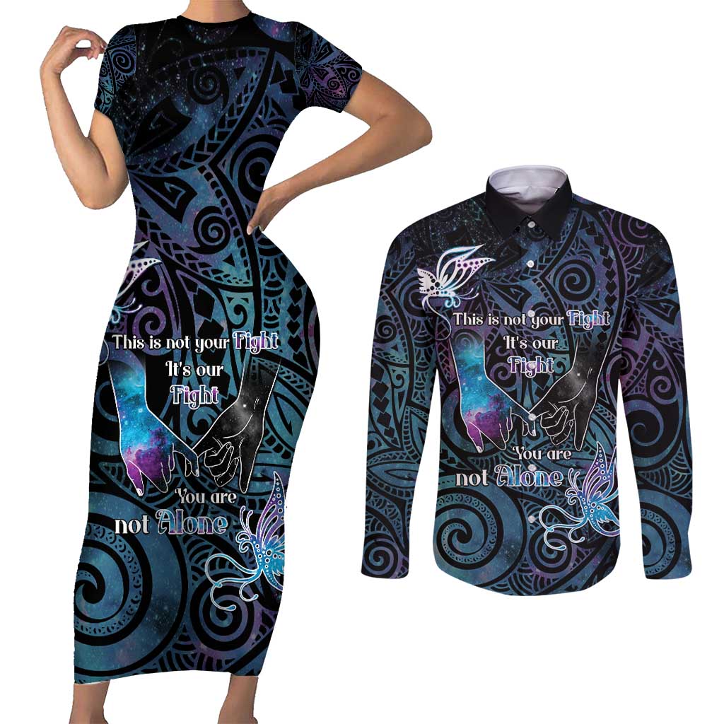 Suicide Awareness Couples Matching Short Sleeve Bodycon Dress and Long Sleeve Button Shirt You Are Not Alone LT05 Black - Polynesian Pride