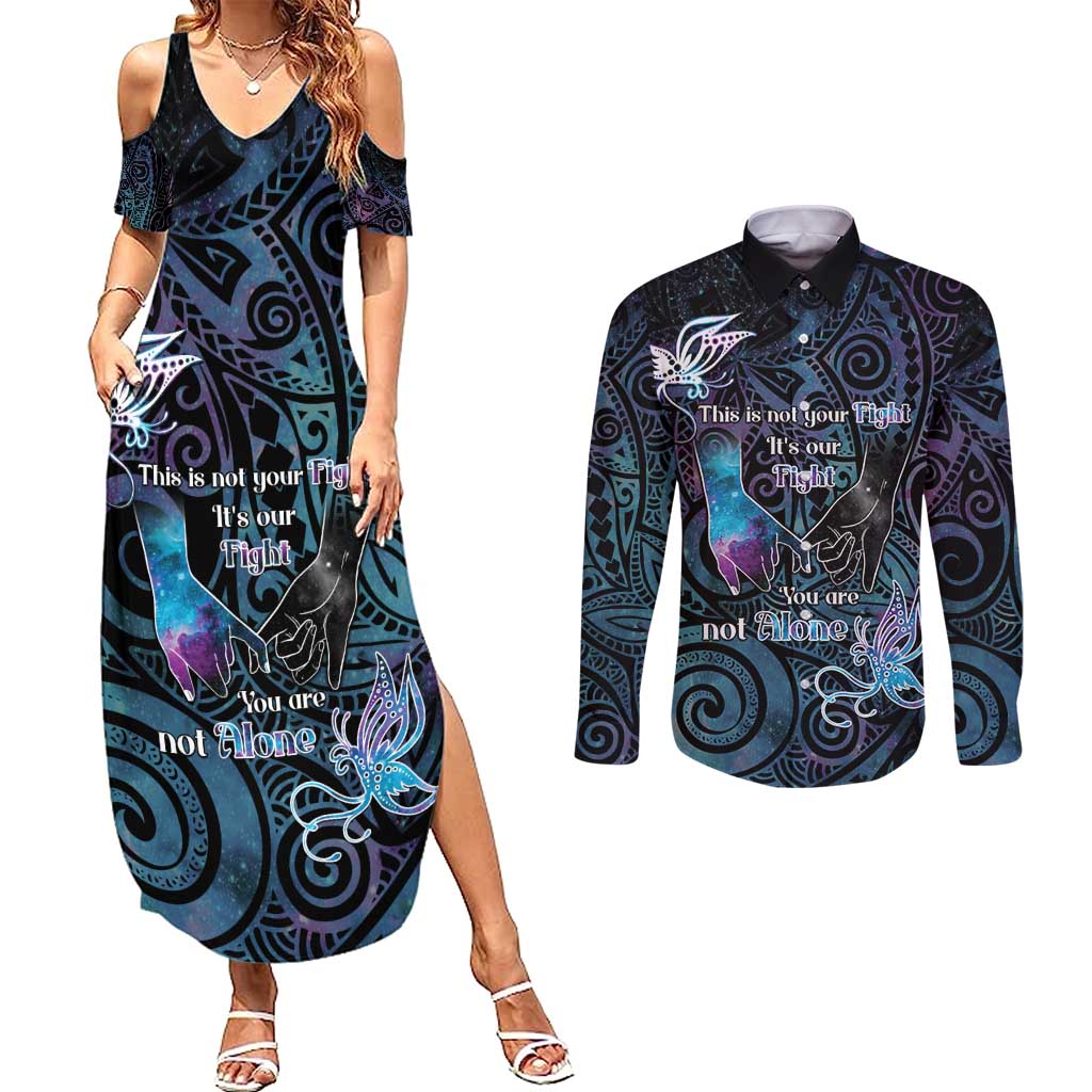 Suicide Awareness Couples Matching Summer Maxi Dress and Long Sleeve Button Shirt You Are Not Alone LT05 Black - Polynesian Pride