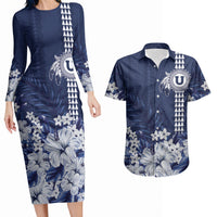 Personalized Utah State Couples Matching Long Sleeve Bodycon Dress and Hawaiian Shirt Polynesian Style LT05 Blue - Polynesian Pride