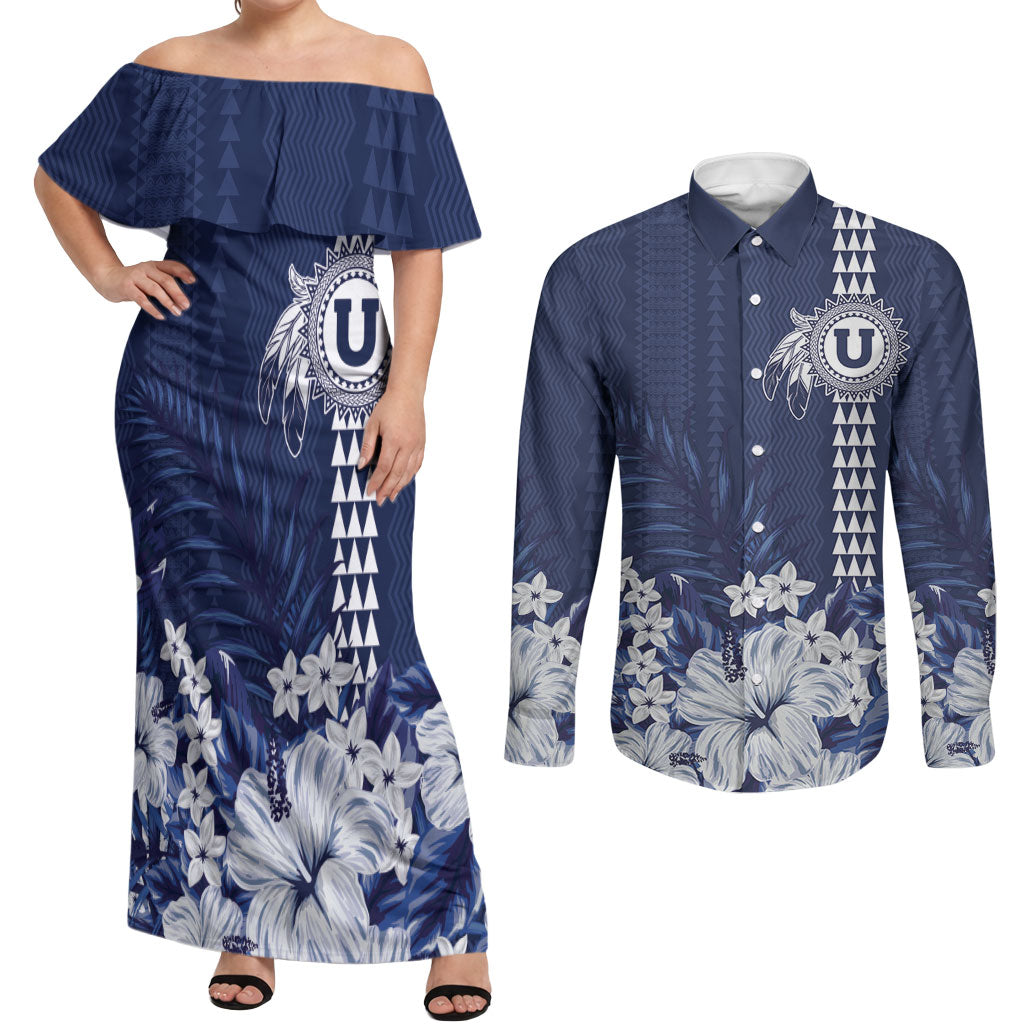 Personalized Utah State Couples Matching Off Shoulder Maxi Dress and Long Sleeve Button Shirt Polynesian Style LT05 Blue - Polynesian Pride