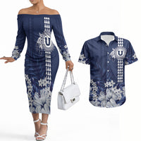 Personalized Utah State Couples Matching Off The Shoulder Long Sleeve Dress and Hawaiian Shirt Polynesian Style LT05 Blue - Polynesian Pride