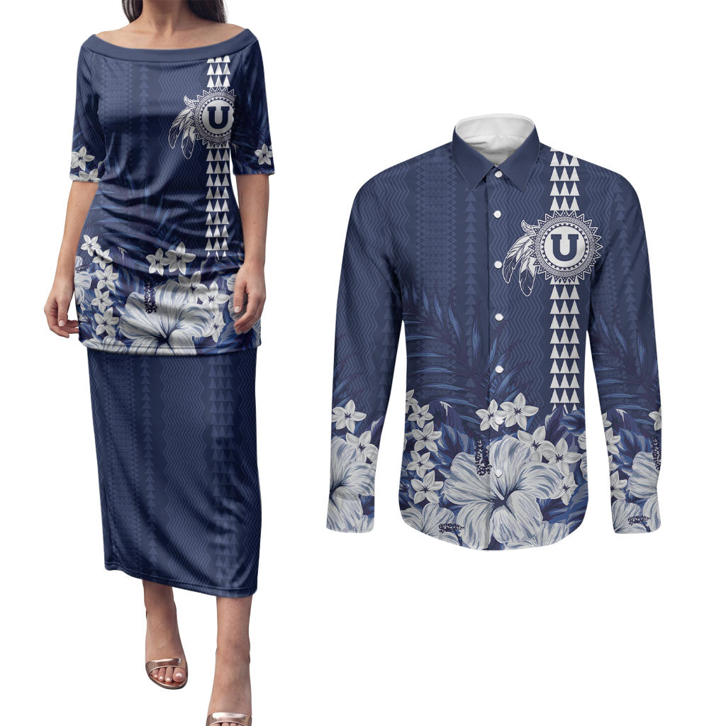 Personalized Utah State Couples Matching Puletasi and Long Sleeve Button Shirt Polynesian Style LT05 Blue - Polynesian Pride