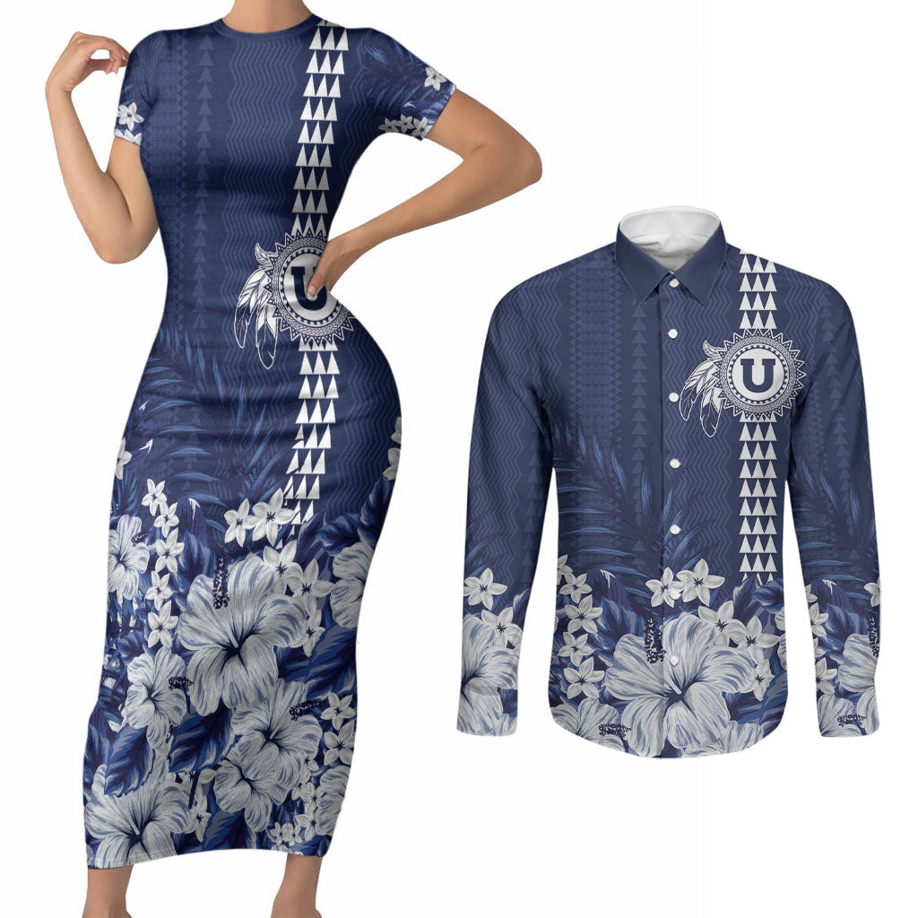 Personalized Utah State Couples Matching Short Sleeve Bodycon Dress and Long Sleeve Button Shirt Polynesian Style LT05 Blue - Polynesian Pride