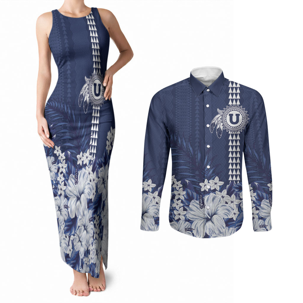 Personalized Utah State Couples Matching Tank Maxi Dress and Long Sleeve Button Shirt Polynesian Style LT05 Blue - Polynesian Pride