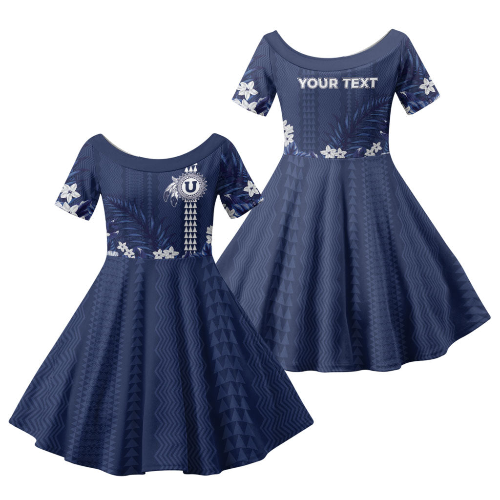 Personalized Utah State Family Matching Off The Shoulder Long Sleeve Dress and Hawaiian Shirt Polynesian Style LT05 Daughter's Dress Blue - Polynesian Pride
