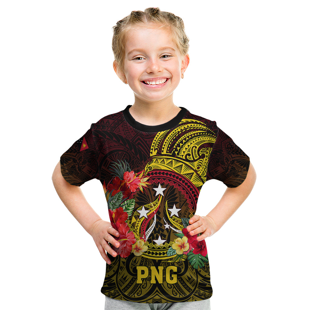 Papua New Guinea Kid T Shirt Coat Of Arms Tropical Flowers Polynesian Pattern LT05 Yellow - Polynesian Pride
