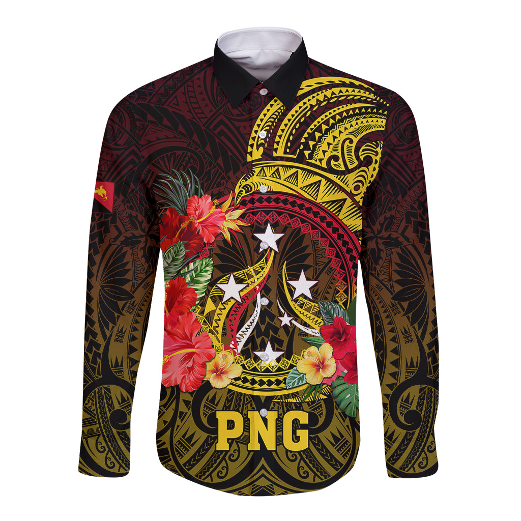 Papua New Guinea Long Sleeve Button Shirt Coat Of Arms Tropical Flowers Polynesian Pattern LT05 Unisex Yellow - Polynesian Pride