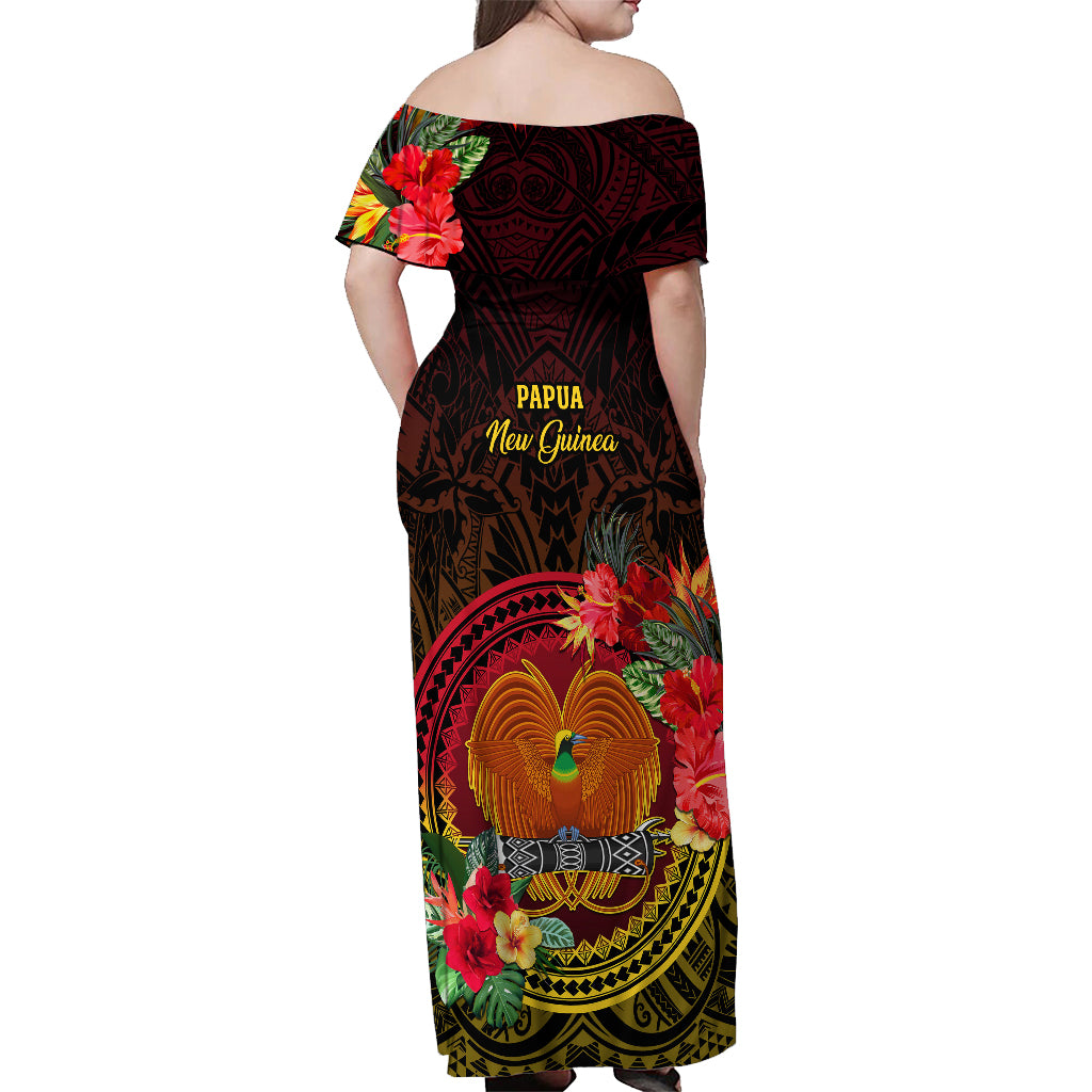 Papua New Guinea Off Shoulder Maxi Dress Coat Of Arms Tropical Flowers Polynesian Pattern LT05 - Polynesian Pride