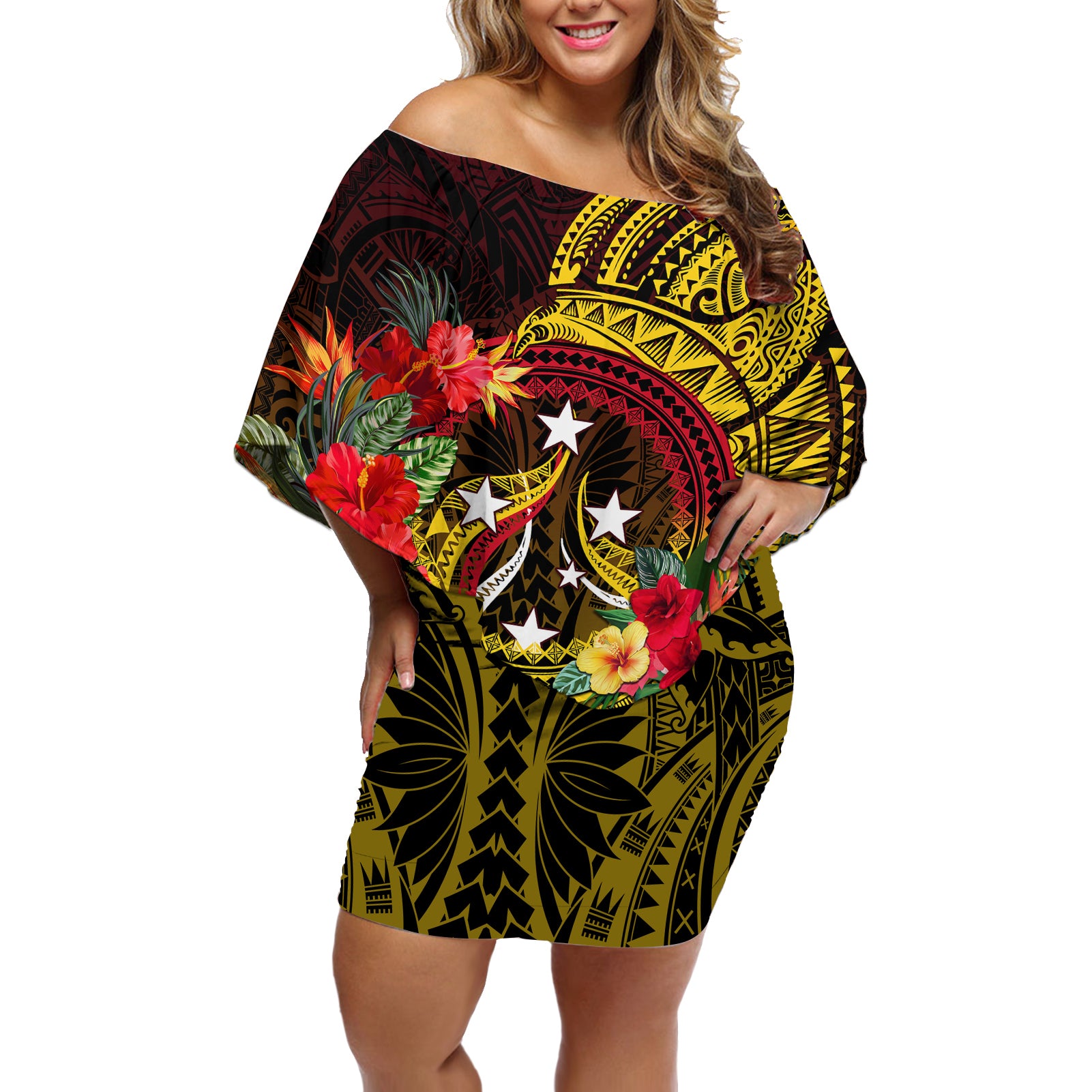 Papua New Guinea Off Shoulder Short Dress Coat Of Arms Tropical Flowers Polynesian Pattern LT05 Women Yellow - Polynesian Pride