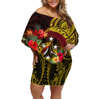 Papua New Guinea Off Shoulder Short Dress Coat Of Arms Tropical Flowers Polynesian Pattern LT05 Women Yellow - Polynesian Pride