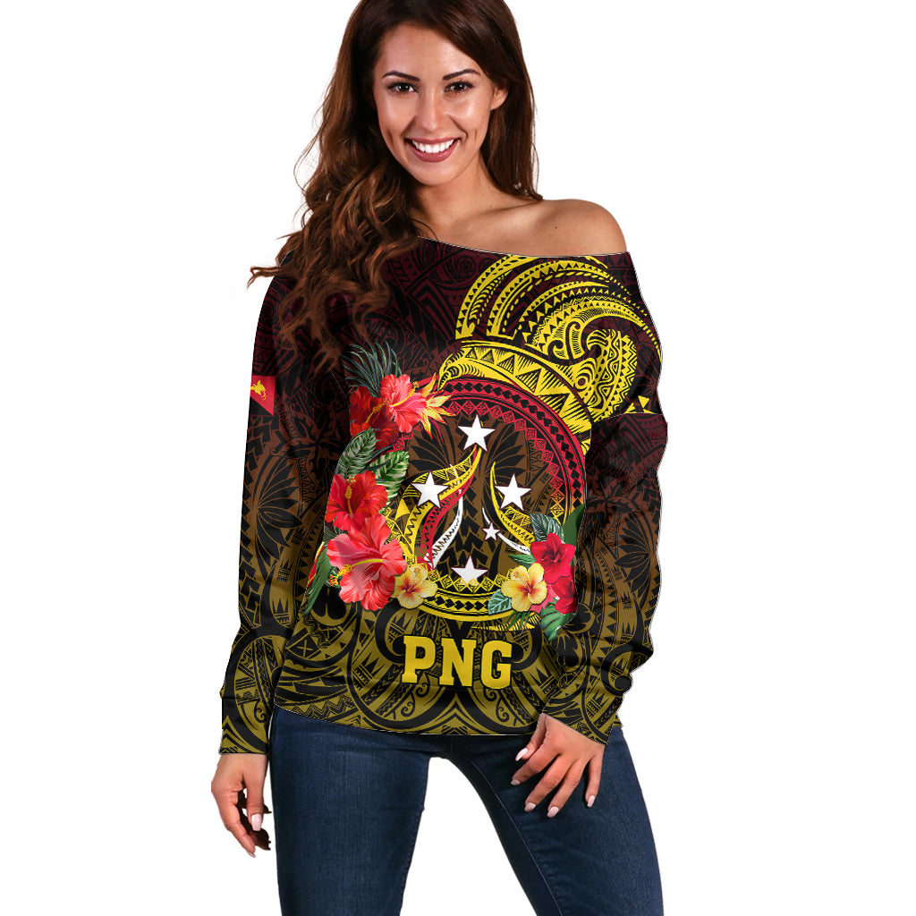 Papua New Guinea Off Shoulder Sweater Coat Of Arms Tropical Flowers Polynesian Pattern LT05 Women Yellow - Polynesian Pride