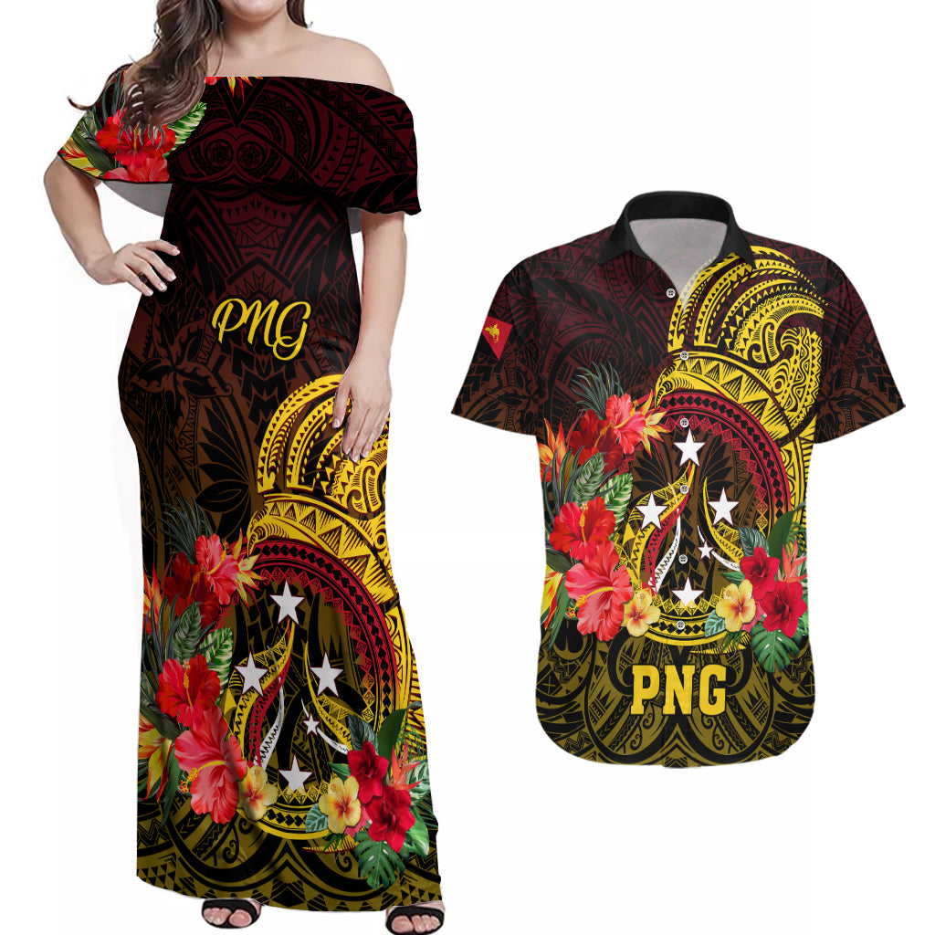 Personalized Papua New Guinea Couples Matching Off Shoulder Maxi Dress and Hawaiian Shirt Coat Of Arms Tropical Flowers Polynesian Pattern LT05 Yellow - Polynesian Pride