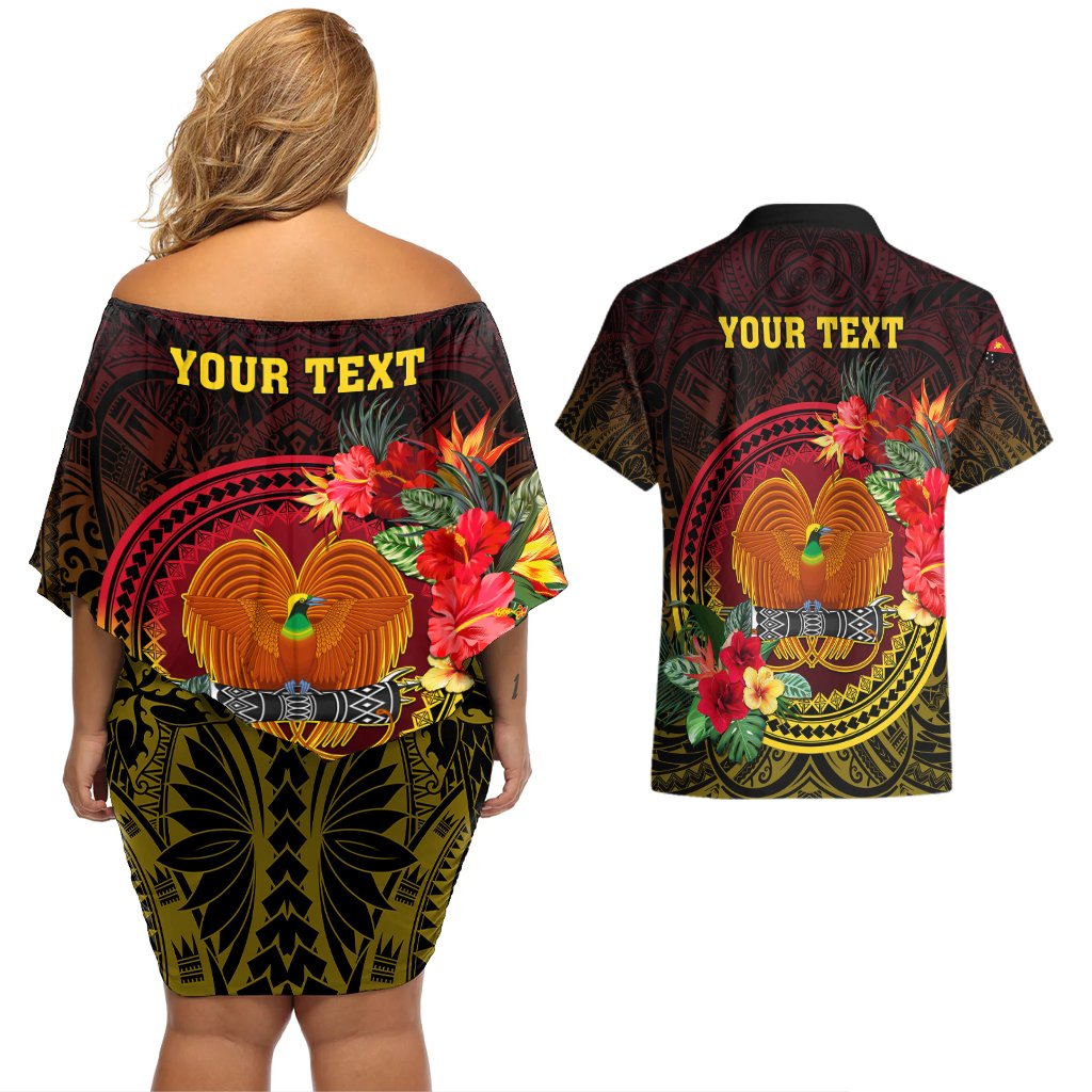 Personalized Papua New Guinea Couples Matching Off Shoulder Short Dress and Hawaiian Shirt Coat Of Arms Tropical Flowers Polynesian Pattern LT05 - Polynesian Pride