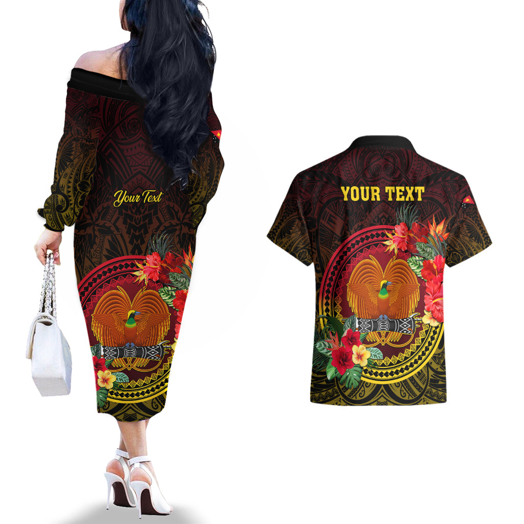 Personalized Papua New Guinea Couples Matching Off The Shoulder Long Sleeve Dress and Hawaiian Shirt Coat Of Arms Tropical Flowers Polynesian Pattern LT05 - Polynesian Pride