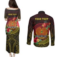 Personalized Papua New Guinea Couples Matching Puletasi Dress and Long Sleeve Button Shirts Coat Of Arms Tropical Flowers Polynesian Pattern LT05 - Polynesian Pride