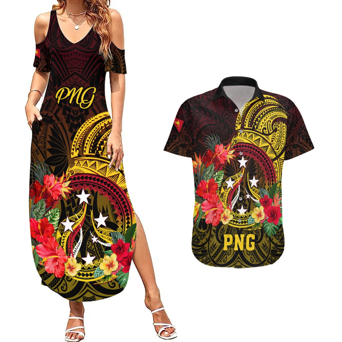 Personalized Papua New Guinea Couples Matching Summer Maxi Dress and Hawaiian Shirt Coat Of Arms Tropical Flowers Polynesian Pattern LT05 Yellow - Polynesian Pride