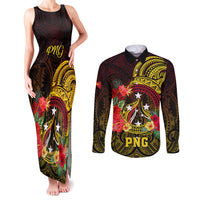 Personalized Papua New Guinea Couples Matching Tank Maxi Dress and Long Sleeve Button Shirts Coat Of Arms Tropical Flowers Polynesian Pattern LT05 Yellow - Polynesian Pride