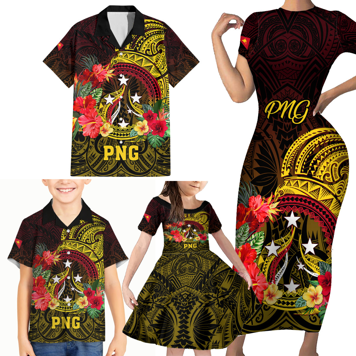 Personalized Papua New Guinea Family Matching Short Sleeve Bodycon Dress and Hawaiian Shirt Coat Of Arms Tropical Flowers Polynesian Pattern LT05 - Polynesian Pride