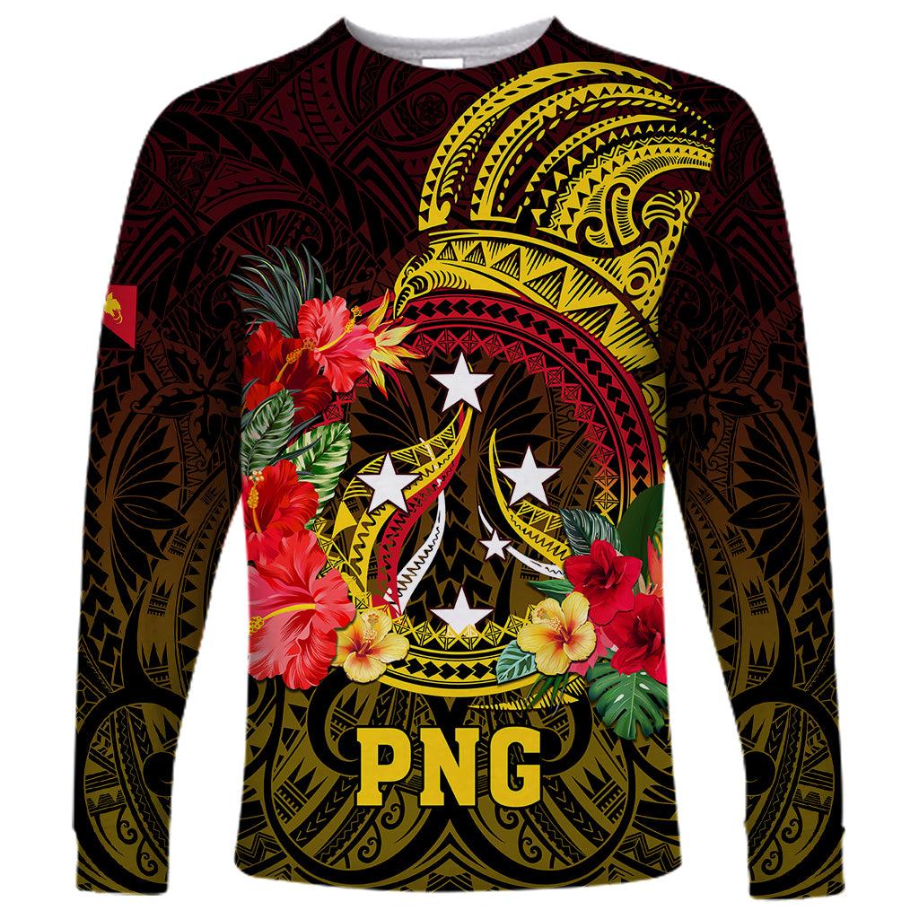 Personalized Papua New Guinea Long Sleeve Shirt Coat Of Arms Tropical Flowers Polynesian Pattern LT05 Unisex Yellow - Polynesian Pride