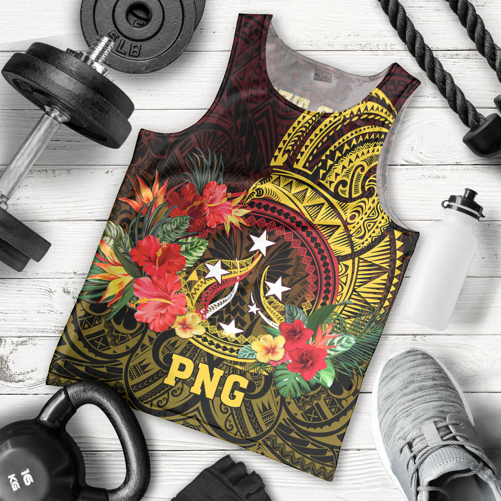 Personalized Papua New Guinea Men Tank Top Coat Of Arms Tropical Flowers Polynesian Pattern LT05 Yellow - Polynesian Pride