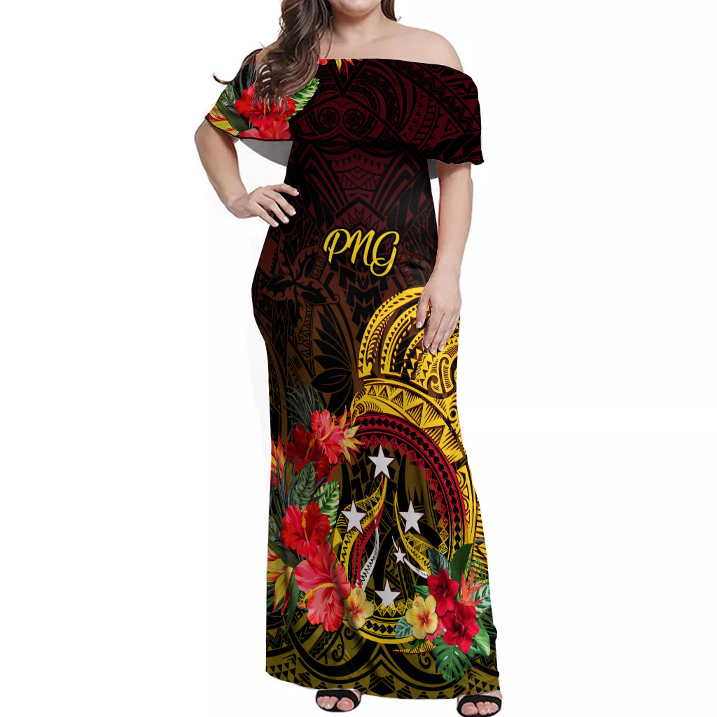 Personalized Papua New Guinea Off Shoulder Maxi Dress Coat Of Arms Tropical Flowers Polynesian Pattern LT05 Women Yellow - Polynesian Pride