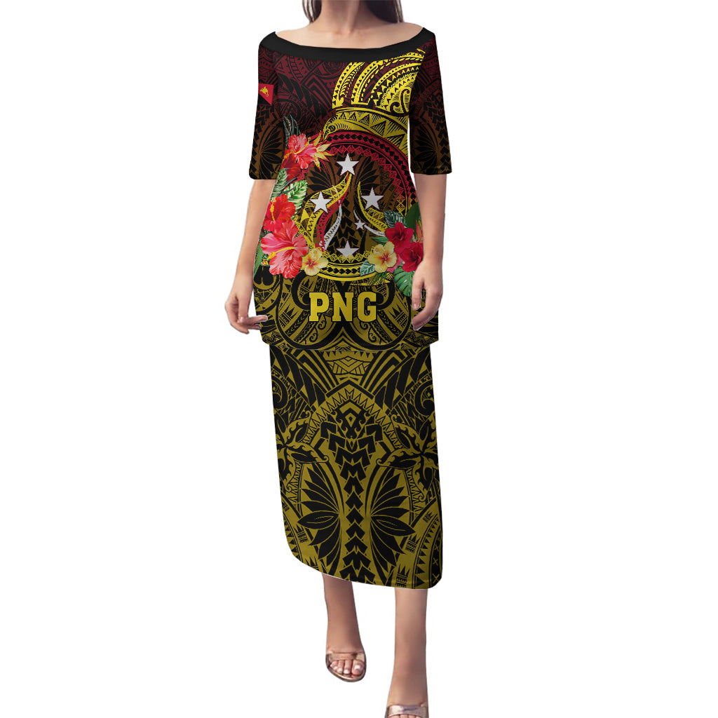 Personalized Papua New Guinea Puletasi Coat Of Arms Tropical Flowers Polynesian Pattern LT05 Long Dress Yellow - Polynesian Pride