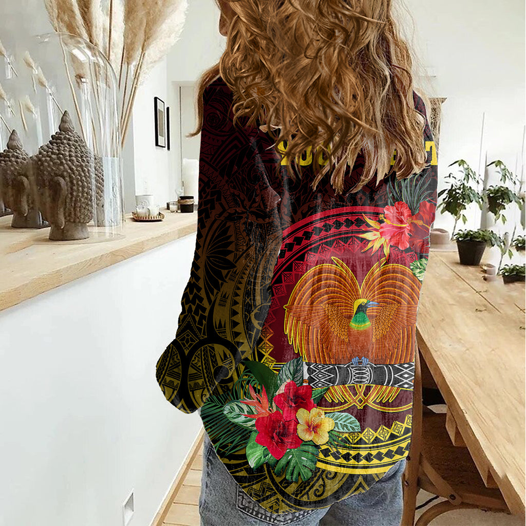 Personalized Papua New Guinea Women Casual Shirt Coat Of Arms Tropical Flowers Polynesian Pattern LT05 - Polynesian Pride