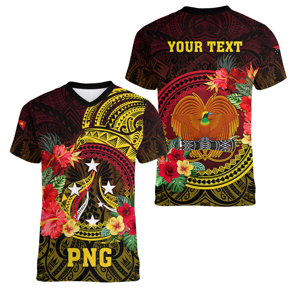 Personalized Papua New Guinea Women V Neck T Shirt Coat Of Arms Tropical Flowers Polynesian Pattern LT05 - Polynesian Pride