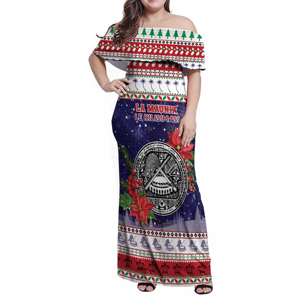 American Samoa Christmas Family Matching Off Shoulder Maxi Dress and Hawaiian Shirt Poinsettia La Maunia Le Kilisimasi