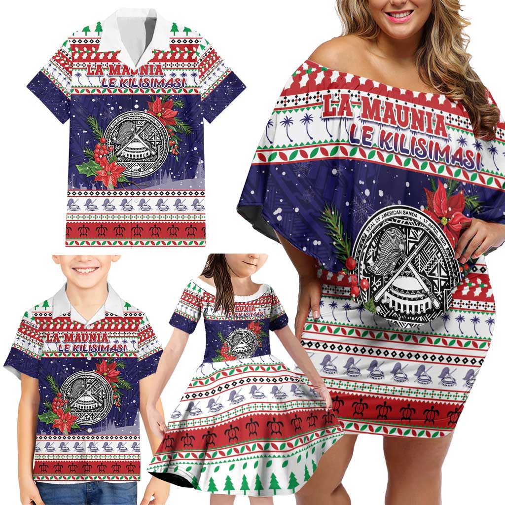 American Samoa Christmas Family Matching Off Shoulder Short Dress and Hawaiian Shirt Poinsettia La Maunia Le Kilisimasi