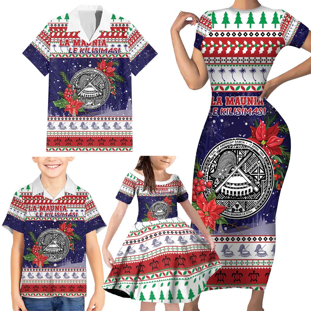 American Samoa Christmas Family Matching Short Sleeve Bodycon Dress and Hawaiian Shirt Poinsettia La Maunia Le Kilisimasi