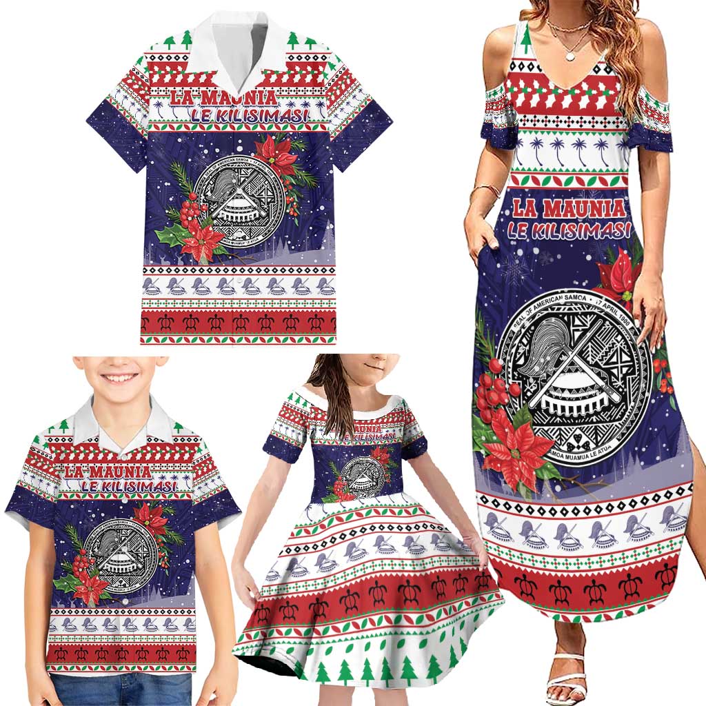 American Samoa Christmas Family Matching Summer Maxi Dress and Hawaiian Shirt Poinsettia La Maunia Le Kilisimasi