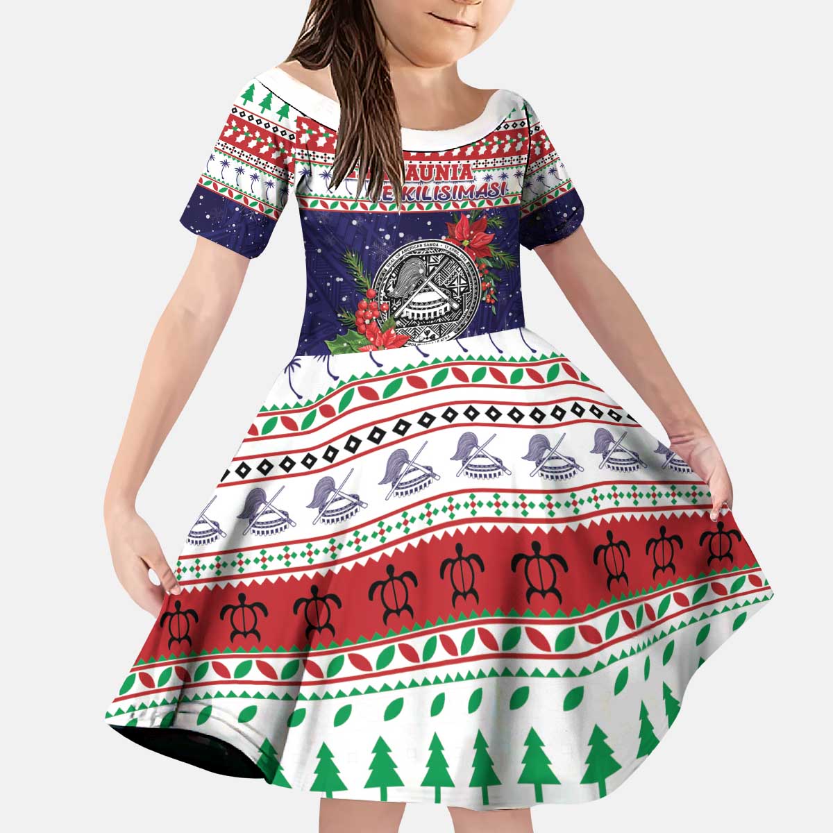 American Samoa Christmas Kid Short Sleeve Dress Poinsettia La Maunia Le Kilisimasi