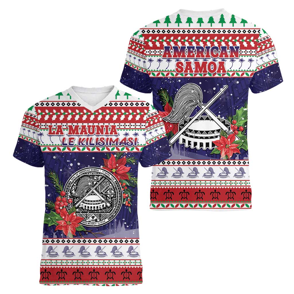 American Samoa Christmas Women V-Neck T-Shirt Poinsettia La Maunia Le Kilisimasi