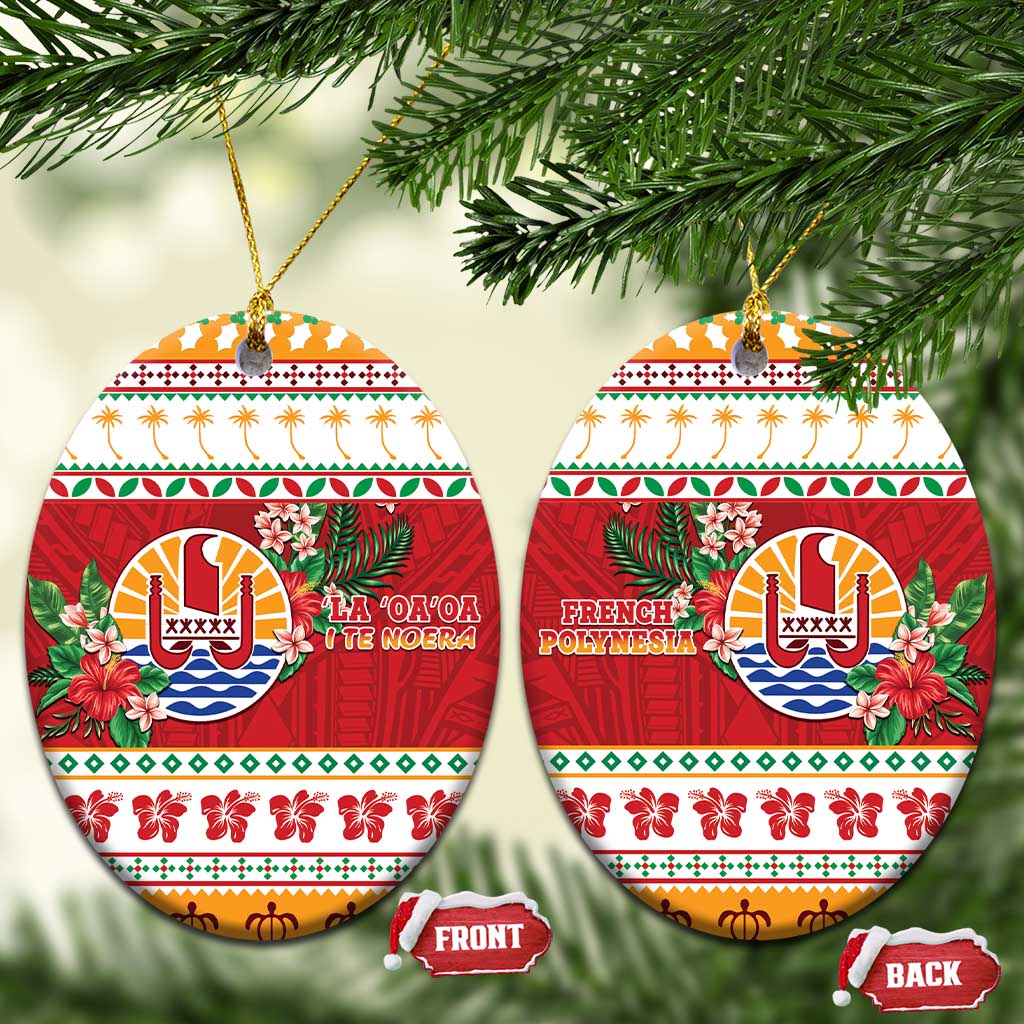 French Polynesia Christmas Ceramic Ornament Coat Of Arms Merry Xmas LT05 Oval Red - Polynesian Pride