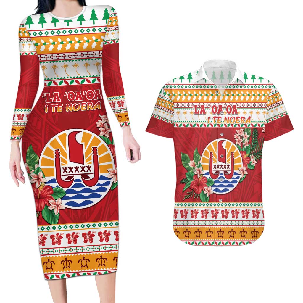 French Polynesia Christmas Couples Matching Long Sleeve Bodycon Dress and Hawaiian Shirt Coat Of Arms Merry Xmas