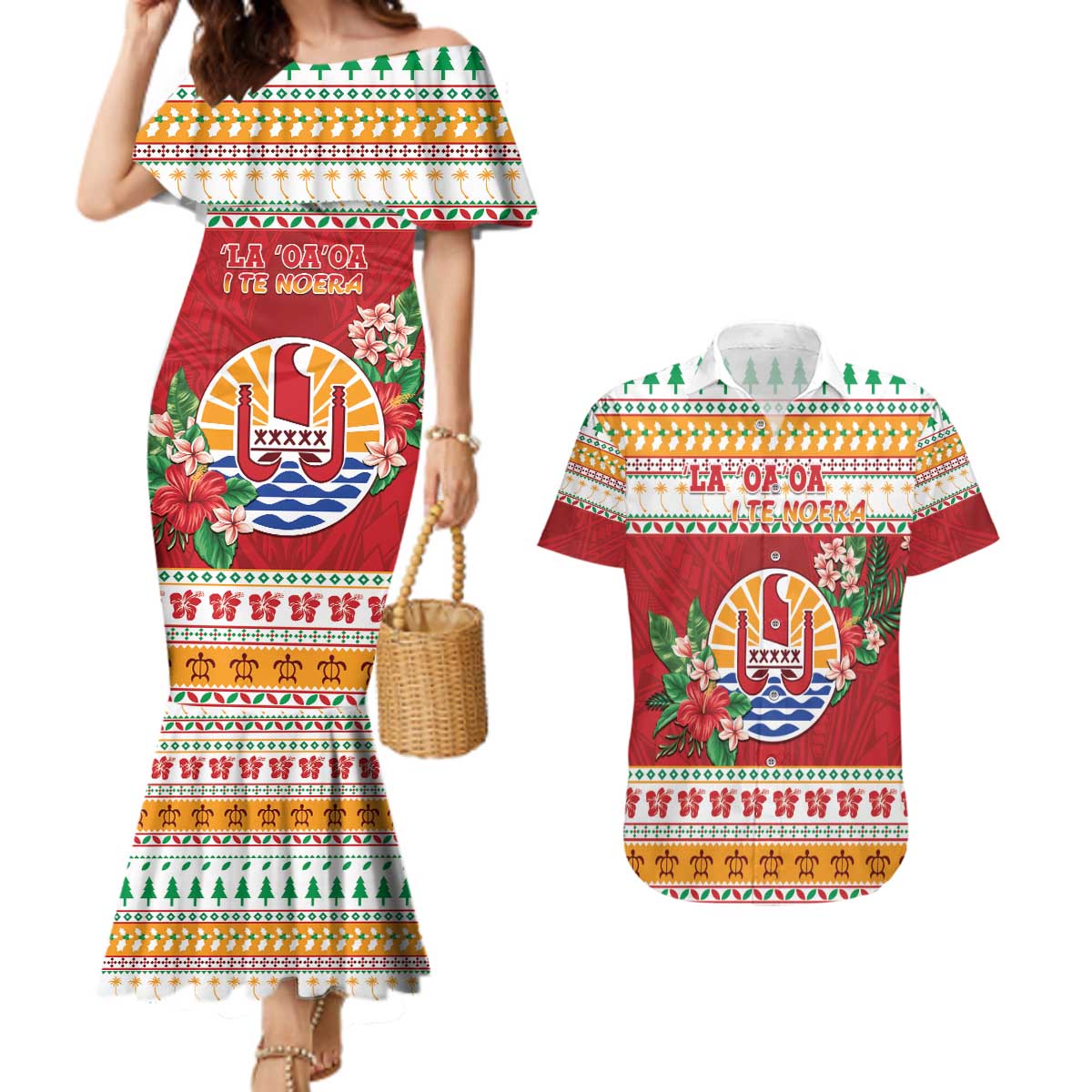 French Polynesia Christmas Couples Matching Mermaid Dress and Hawaiian Shirt Coat Of Arms Merry Xmas