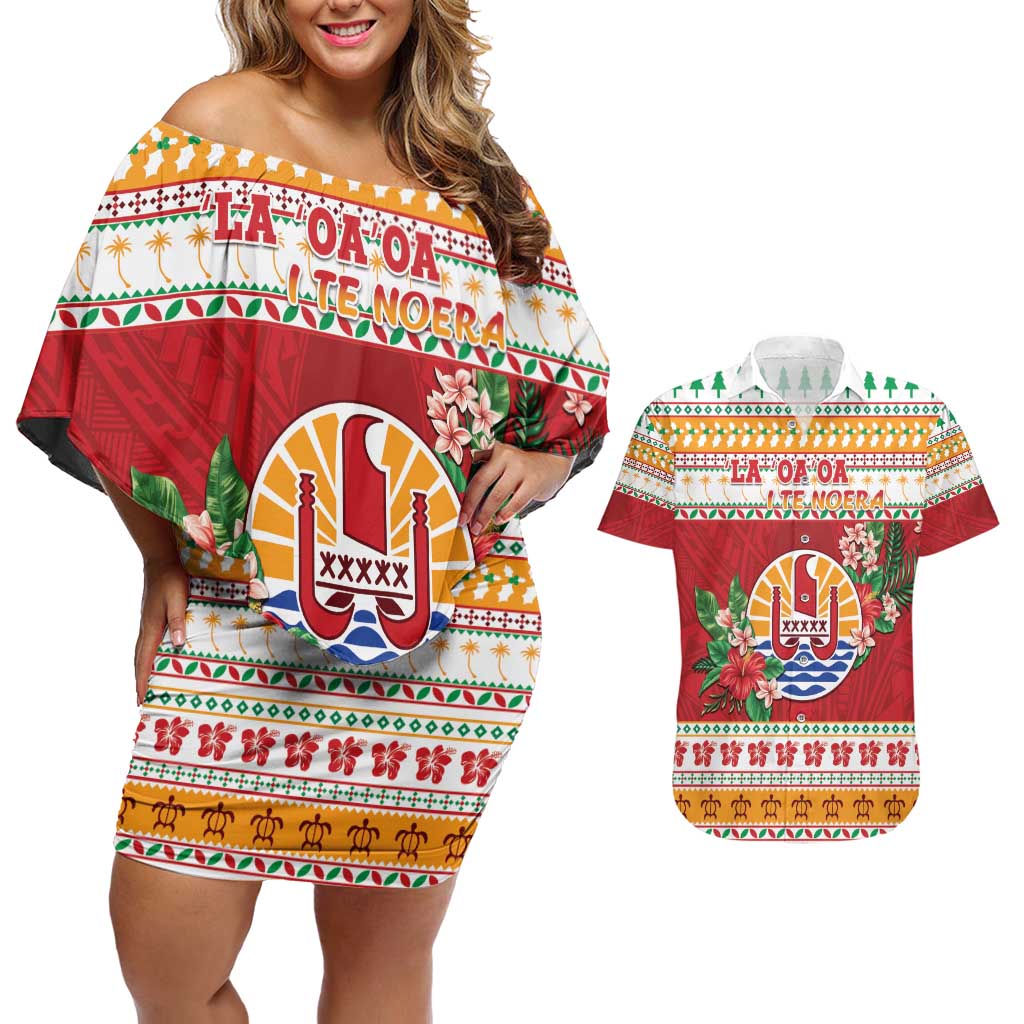 French Polynesia Christmas Couples Matching Off Shoulder Short Dress and Hawaiian Shirt Coat Of Arms Merry Xmas