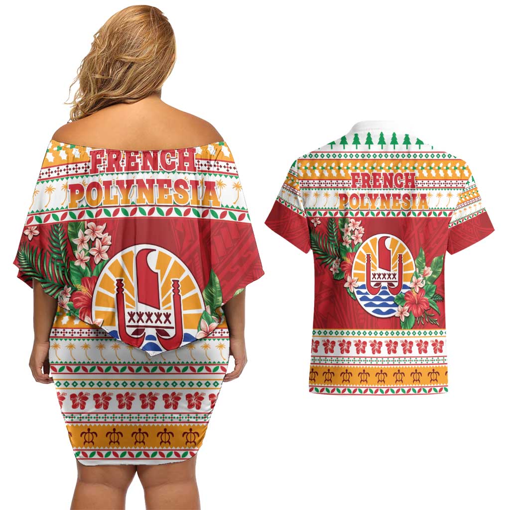 French Polynesia Christmas Couples Matching Off Shoulder Short Dress and Hawaiian Shirt Coat Of Arms Merry Xmas