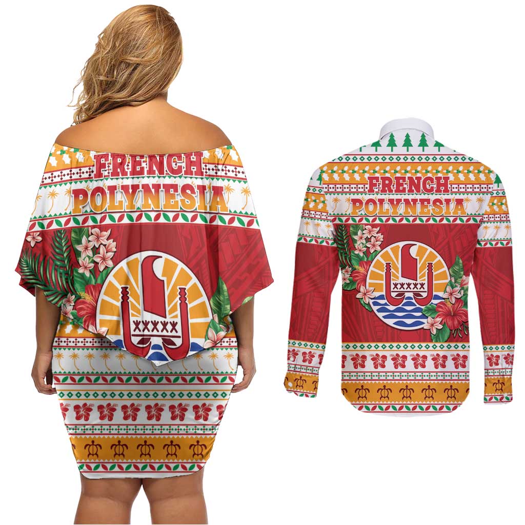 French Polynesia Christmas Couples Matching Off Shoulder Short Dress and Long Sleeve Button Shirt Coat Of Arms Merry Xmas