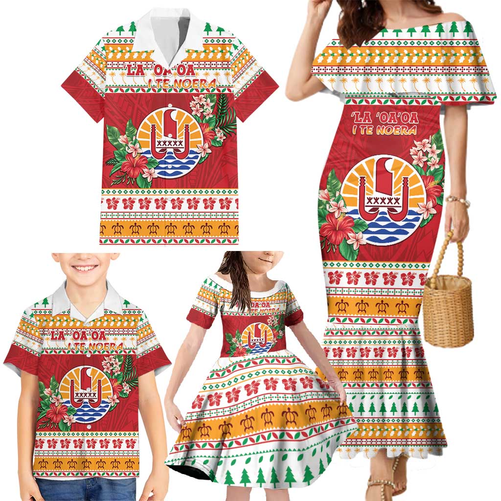 French Polynesia Christmas Family Matching Mermaid Dress and Hawaiian Shirt Coat Of Arms Merry Xmas