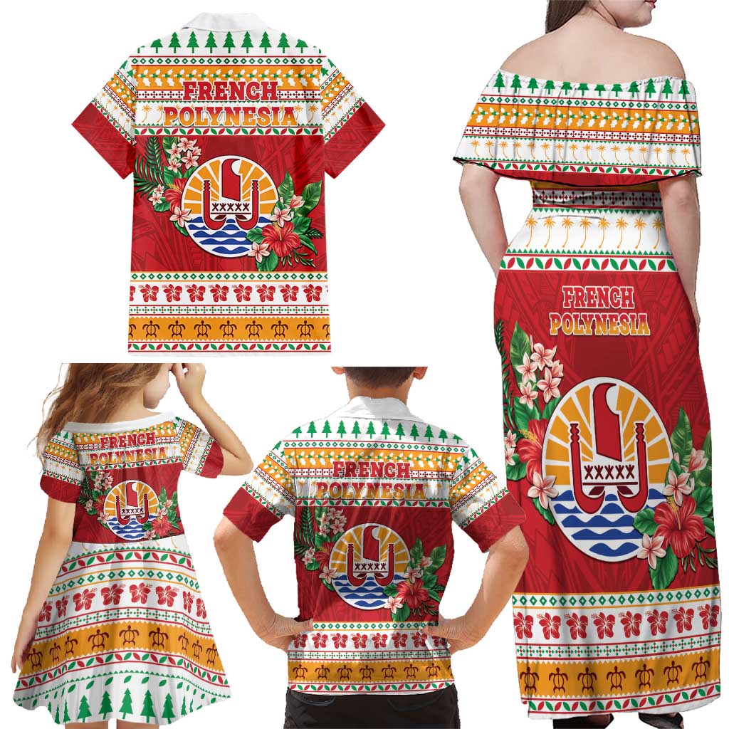 French Polynesia Christmas Family Matching Off Shoulder Maxi Dress and Hawaiian Shirt Coat Of Arms Merry Xmas
