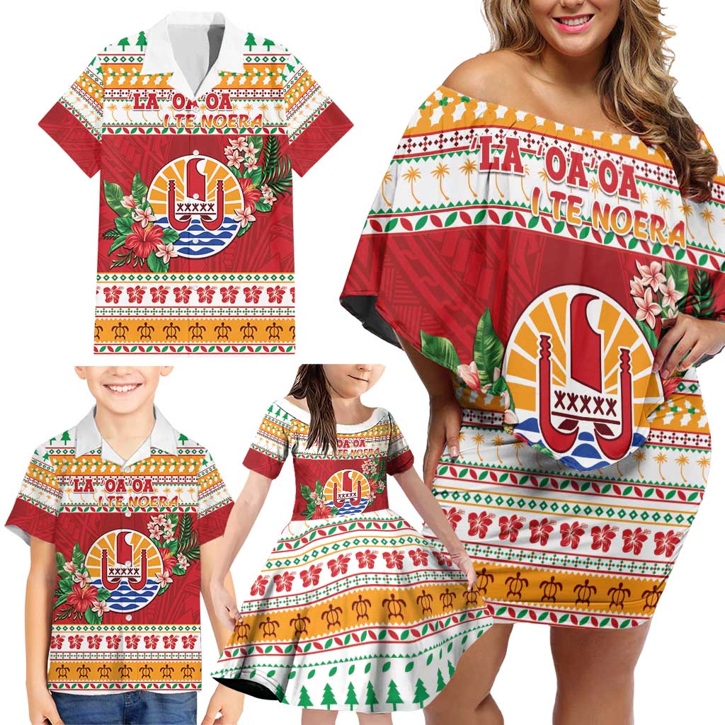 French Polynesia Christmas Family Matching Off Shoulder Short Dress and Hawaiian Shirt Coat Of Arms Merry Xmas