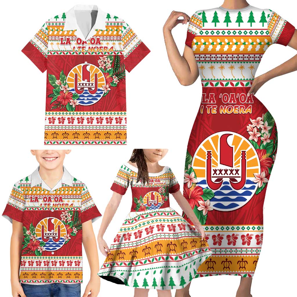 French Polynesia Christmas Family Matching Short Sleeve Bodycon Dress and Hawaiian Shirt Coat Of Arms Merry Xmas