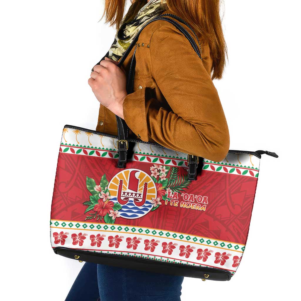 French Polynesia Christmas Leather Tote Bag Coat Of Arms Merry Xmas LT05 Red - Polynesian Pride
