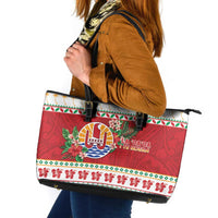 French Polynesia Christmas Leather Tote Bag Coat Of Arms Merry Xmas LT05 Red - Polynesian Pride