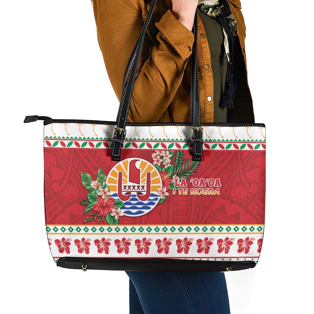 French Polynesia Christmas Leather Tote Bag Coat Of Arms Merry Xmas LT05 - Polynesian Pride