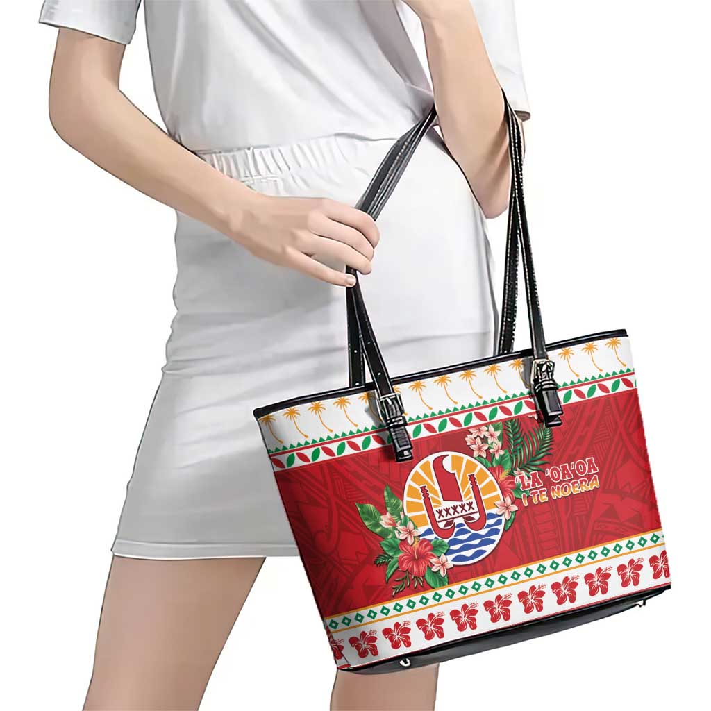 French Polynesia Christmas Leather Tote Bag Coat Of Arms Merry Xmas LT05 - Polynesian Pride